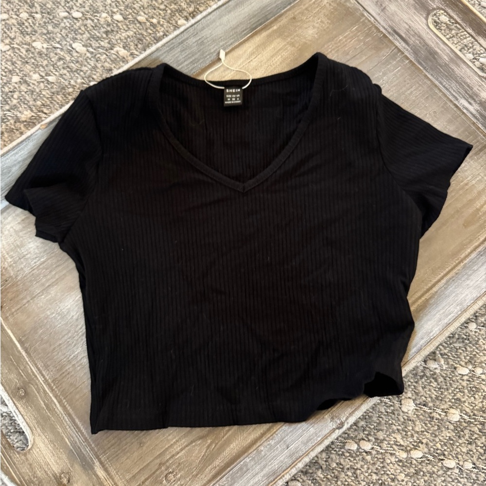 SHEIN black ribbed and cropped short sleeve top, v-neck, size M